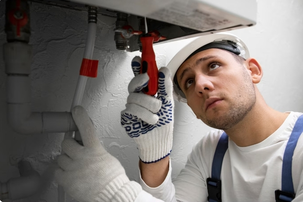 Artisan plombier chauffagiste installant un système de chauffage domestique. Plombier Nice pas cher